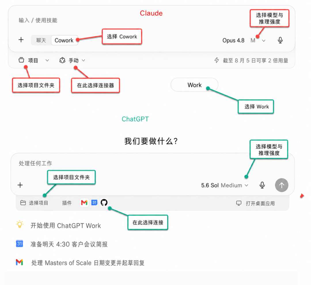在 ChatGPT 中启动 Work、在 Claude 中启动 Cowork