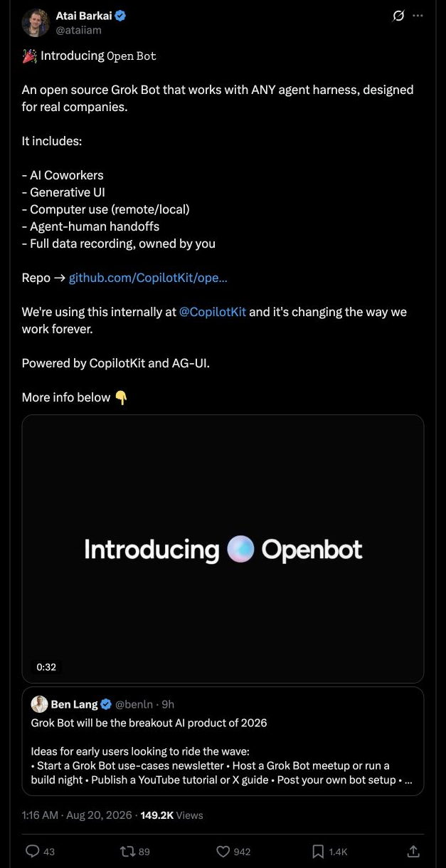 CopilotKit 推出完全开源的 Open Bot，支持 AI 同事、生成式 UI、计算机使用、人机交接与完整数据所有权，可与任何 AG-UI 兼容 ha…