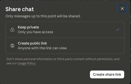 Example of Claude share conversations dialog box