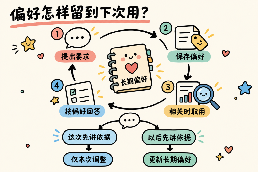 一条偏好怎样留到下次用：保存、取用，以及临时调整与长期更新的区别
