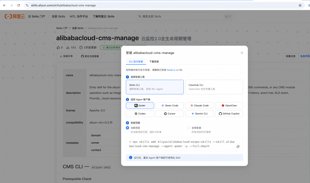 阿里云 Agent Skills 门户安装界面截图
