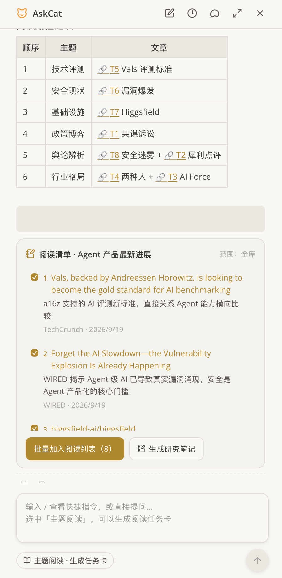 AskCat 主题阅读全流程操作界面
