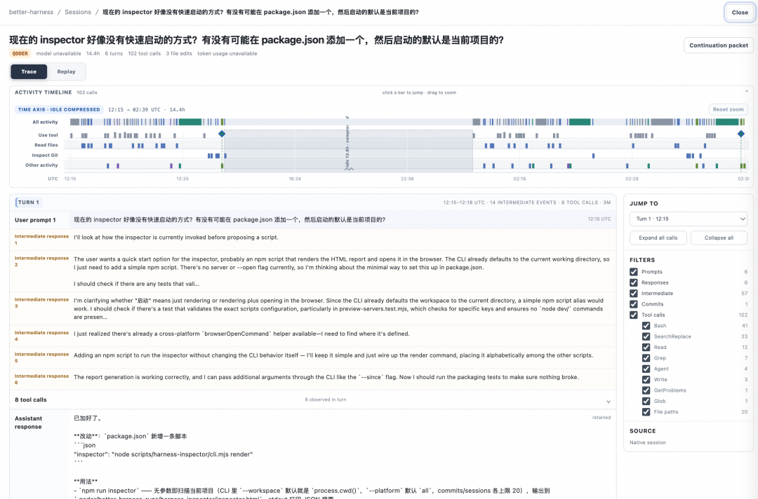 Trace 界面示意图：按 Turn 展开的 Session 工作轨迹