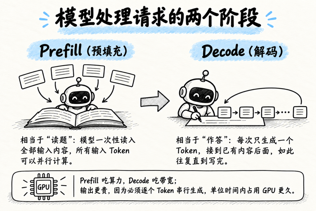 Prefill 与 Decode 两阶段计算特性对比图