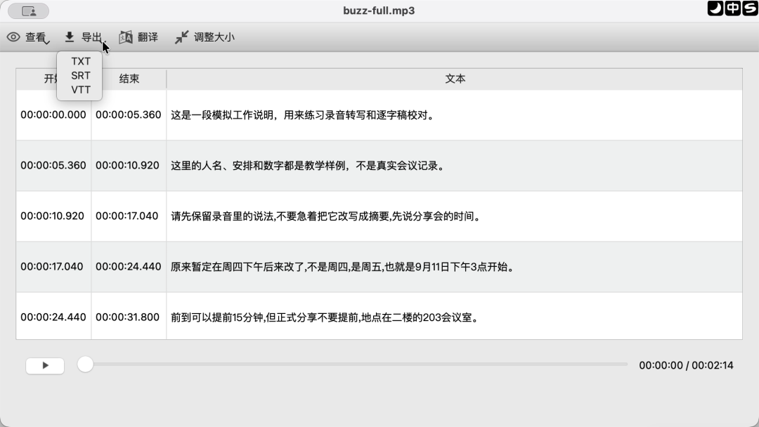 真实导出菜单：TXT 保存文字，SRT 保留时间轴。
