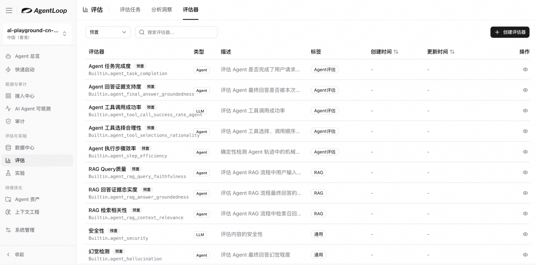 阿里云 AgentLoop 预置了20+开箱即用的评估器