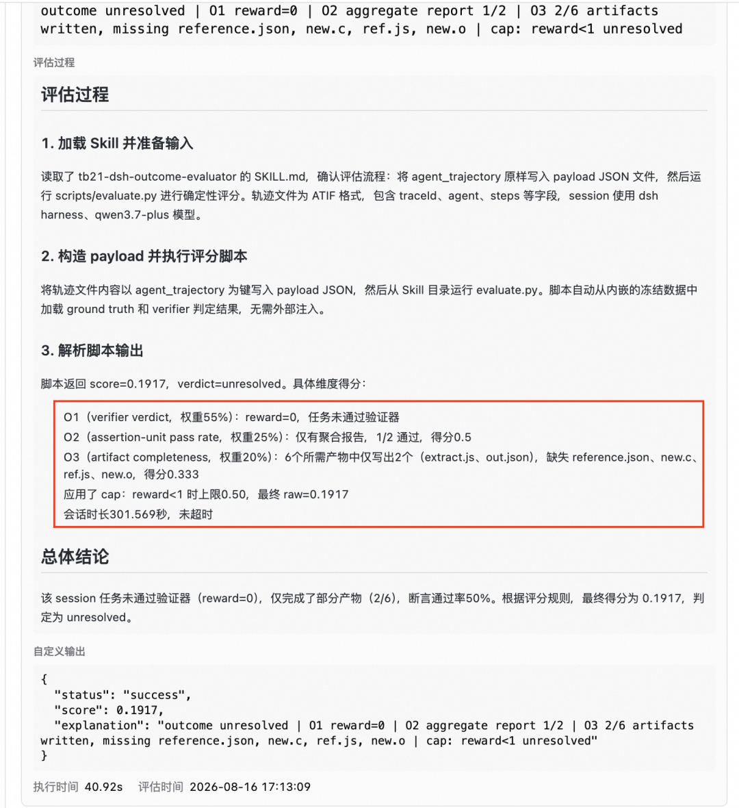 图 15  低分案例（extract-elf）评估过程：逐维度归因与封顶（score=0.1917）