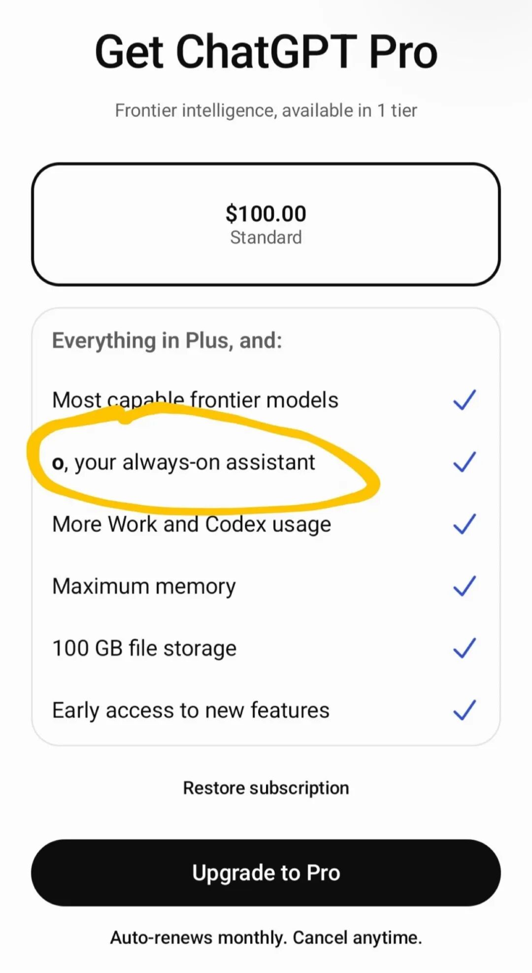 ChatGPT Pro 升级页截图