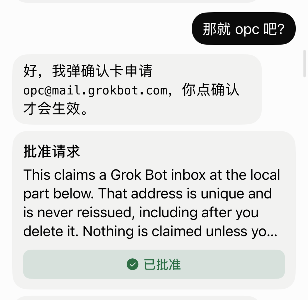 Grok Bot 邮箱名称确认界面