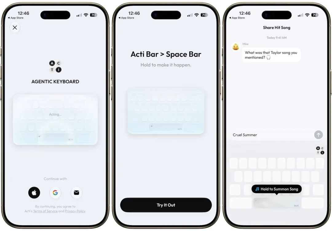 Acti 键盘界面,底部可见长条形 Acti Bar 按钮